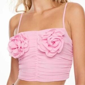 Pink Floral Embellished Women's Spaghetti Strap Ruched Gauzy Top NWT